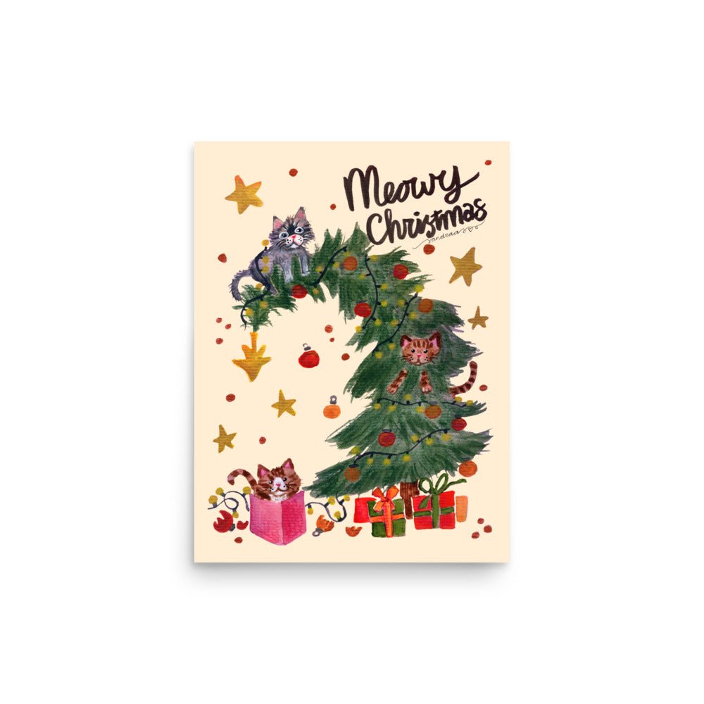 🎄 Meowy Christmas Tree Cats Poster – Whimsical Watercolor Cats Climbing a Christmas Tree 😺🌲✨ Light Yellow Background | Museum - Quality Matte Print - SANDRAAS
