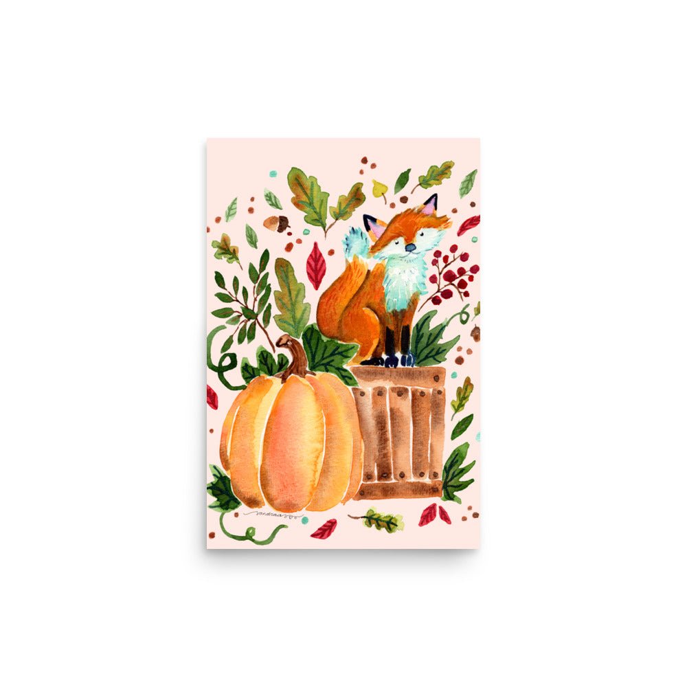 Cozy Autumn Fox Watercolor Poster • Pumpkin & Fall Leaves Wall Art • Woodland Animal Illustration Print - SANDRAAS