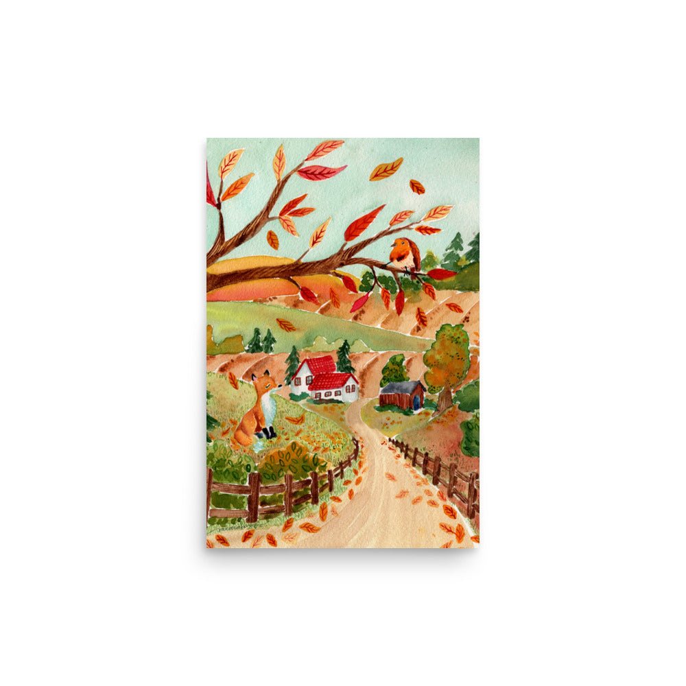 Cozy Autumn Landscape Watercolor Poster • Fox, Barn & Falling Leaves Fall Wall Art • Rustic Countryside Illustration Print - SANDRAAS