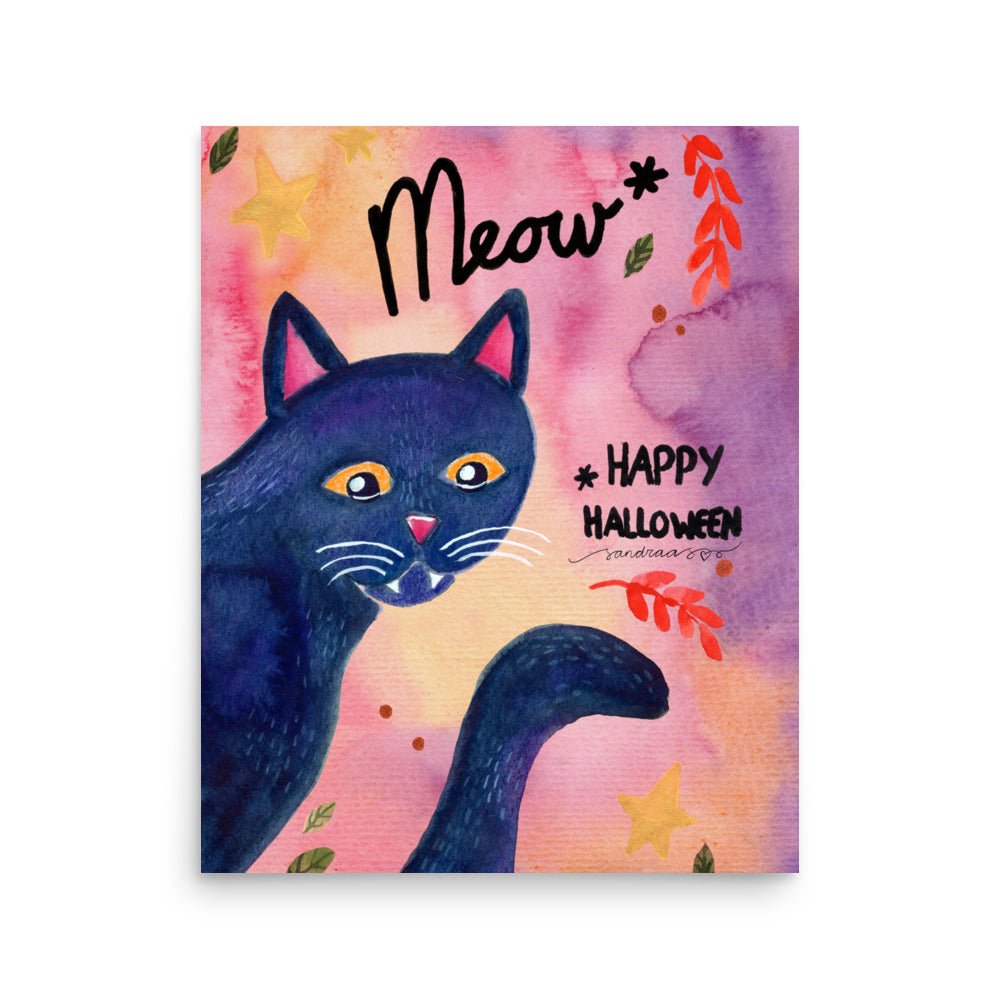 Whimsical Black Cat Halloween Poster 🎃🐾 | Watercolor Illustration + Hand Lettered ‘Meow, Happy Halloween’ - SANDRAAS