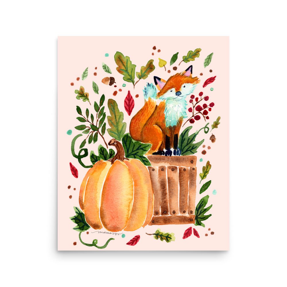 Cozy Autumn Fox Watercolor Poster • Pumpkin & Fall Leaves Wall Art • Woodland Animal Illustration Print - SANDRAAS