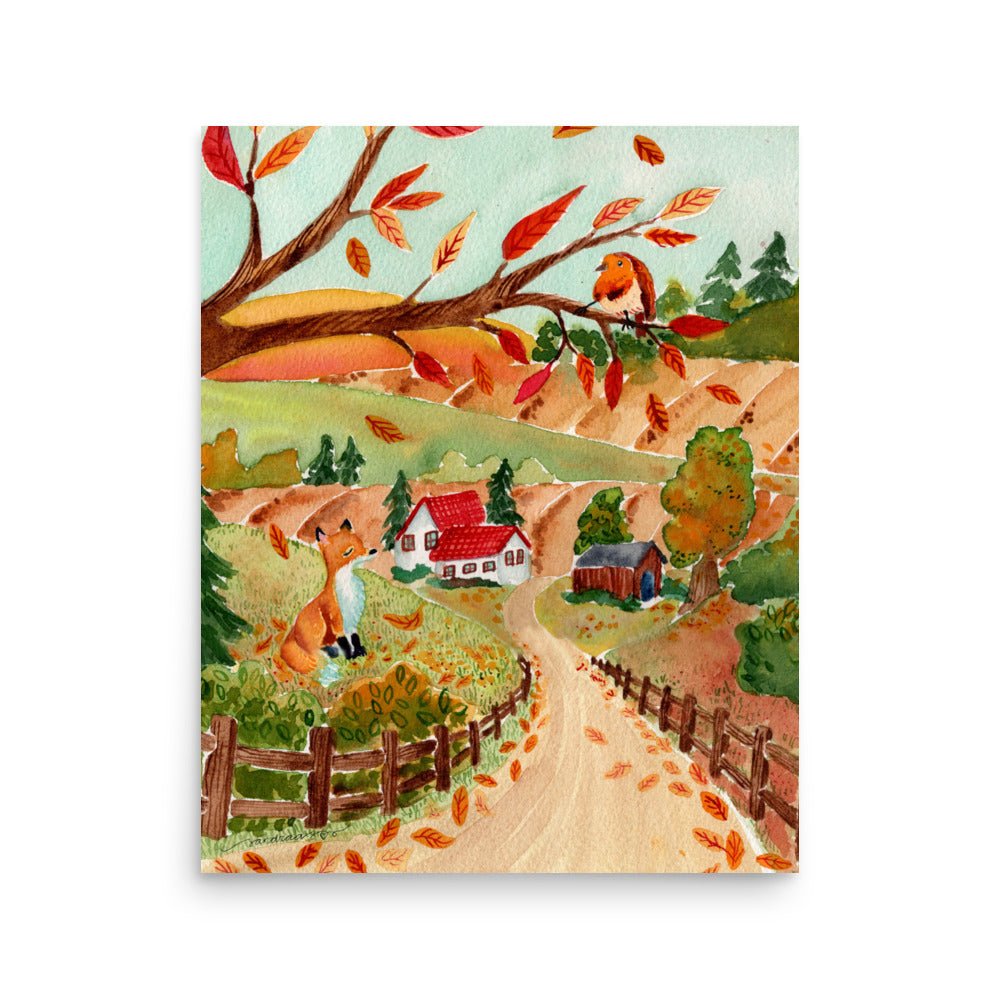 Cozy Autumn Landscape Watercolor Poster • Fox, Barn & Falling Leaves Fall Wall Art • Rustic Countryside Illustration Print - SANDRAAS