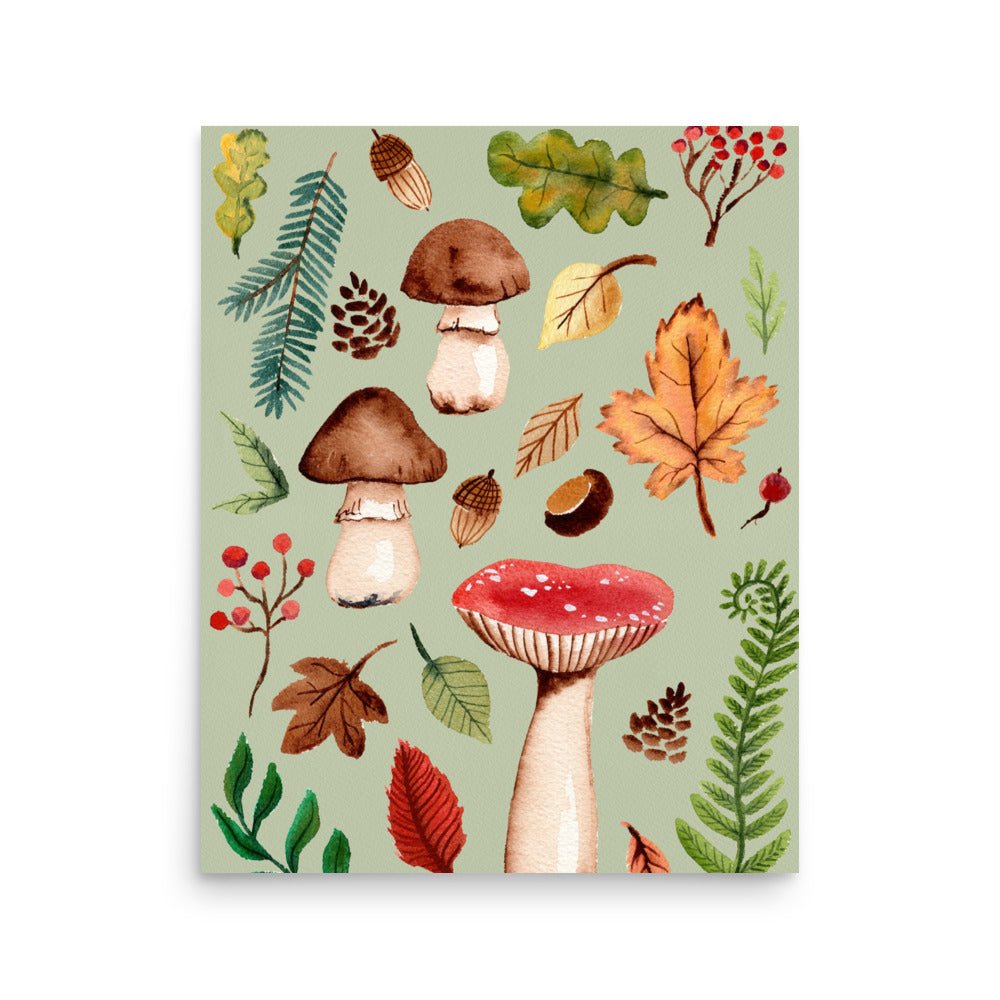 Autumn Mushrooms & Leaves Watercolor Poster • Cozy Fall Nature Wall Art • Botanical Woodland Illustration Print - SANDRAAS