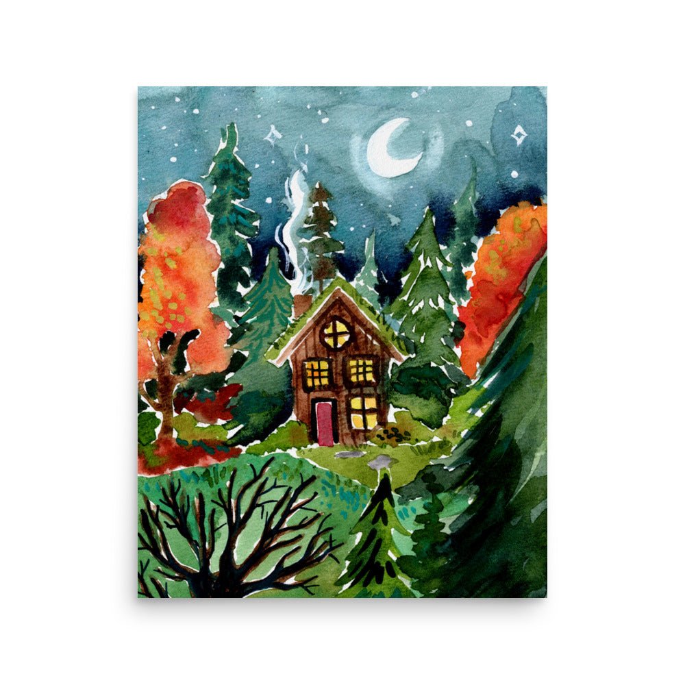 Cozy Autumn Night Forest Poster • Watercolor Cabin in the Woods Wall Art • Moonlit Nature Scene Illustration Print - SANDRAAS