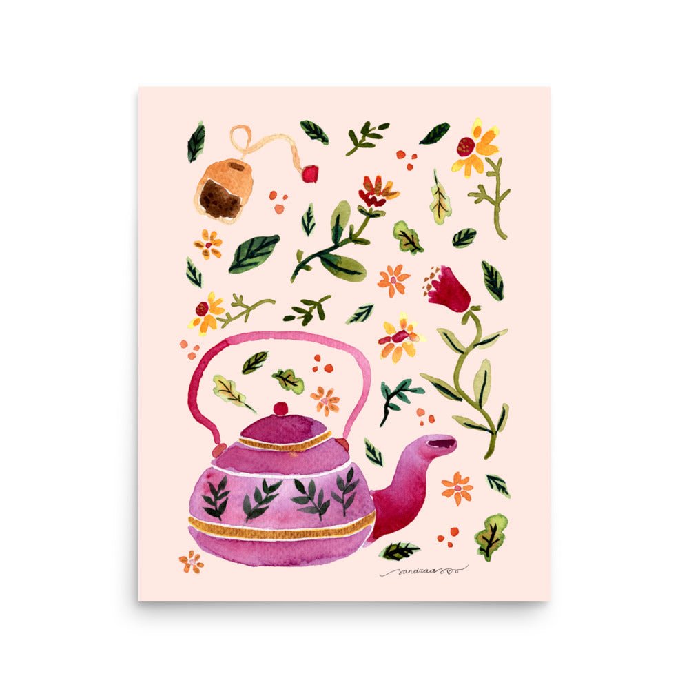 Watercolor Autumn Tea Time Poster • Cozy Teapot, Cups & Fall Leaves Wall Art • Rustic Seasonal Illustration Print - SANDRAAS
