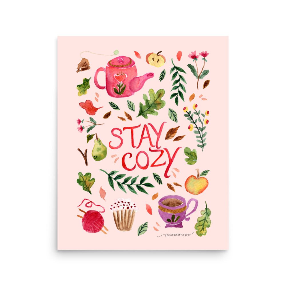 Autumn Tea & Treats Poster • Watercolor Teapot, Cupcake, Fruits & Fall Leaves Wall Art • Cozy Seasonal Illustration Print - SANDRAAS
