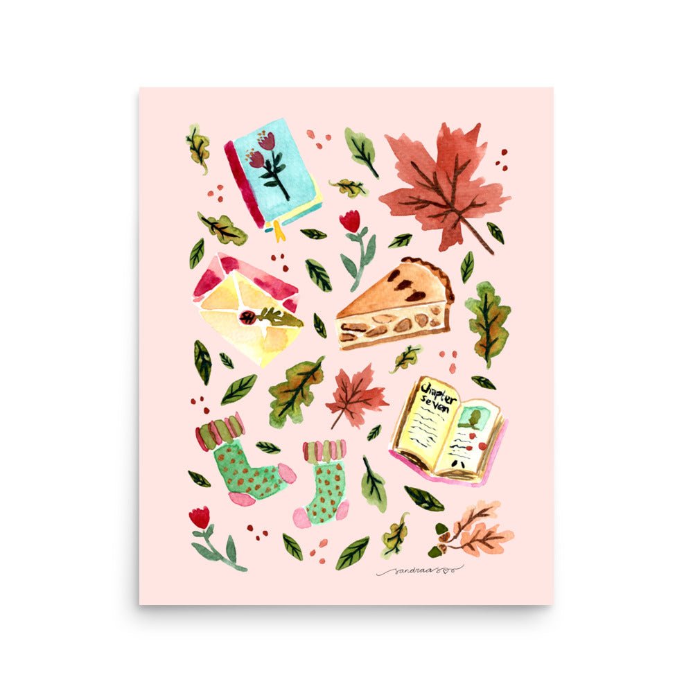 Cozy Autumn Comforts Poster • Watercolor Books, Apple Pie, Socks & Fall Leaves Wall Art • Seasonal Hygge Illustration Print - SANDRAAS
