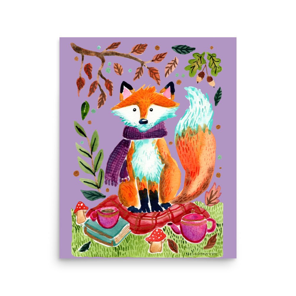 Whimsical Autumn Fox Picnic Poster • Watercolor Woodland Animal Wall Art • Cozy Fall Illustration with Scarf & Blanket - SANDRAAS