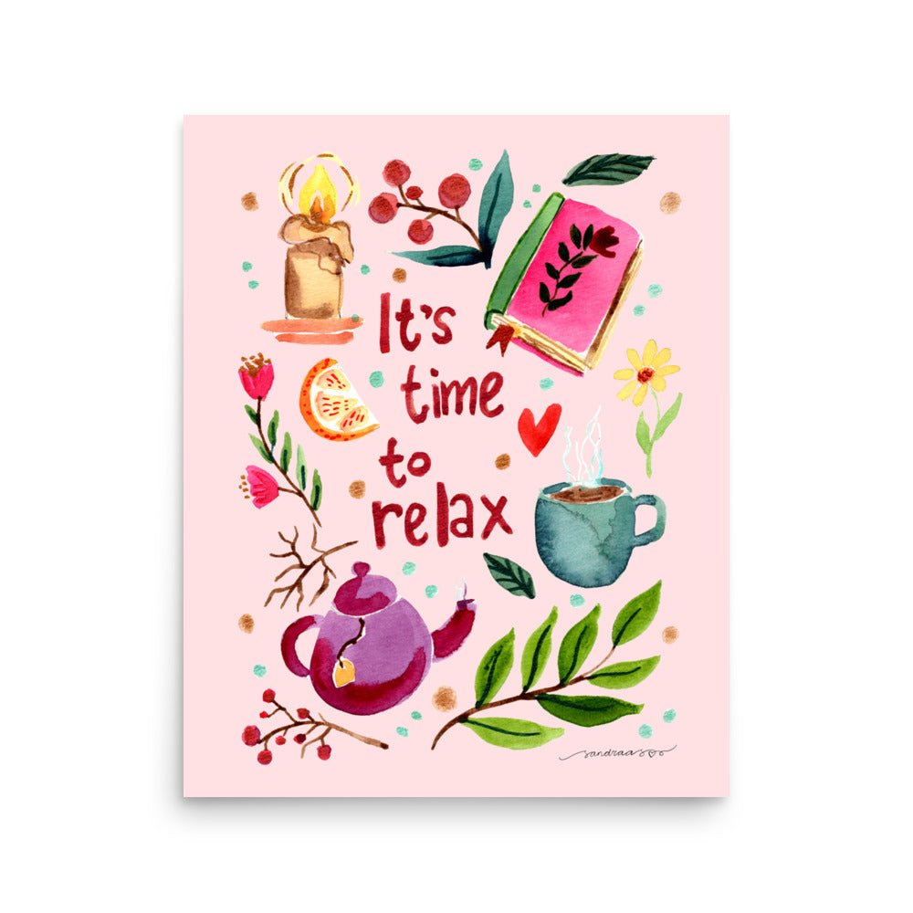 It’s Time to Relax Poster • Watercolor Autumn Books, Candle & Tea Wall Art • Cozy Fall Illustration on Pink Background - SANDRAAS