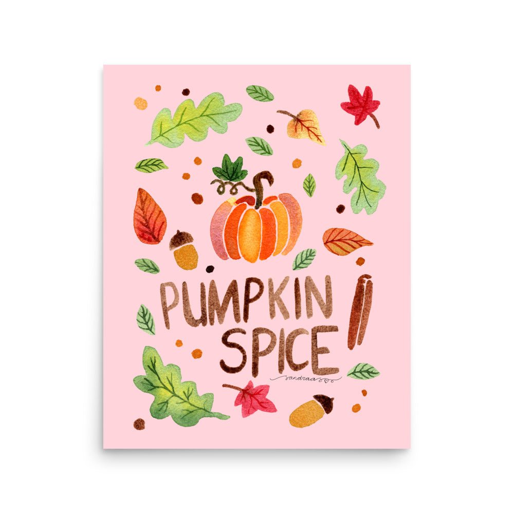 Pumpkin Spice Poster • Watercolor Pumpkin, Cinnamon & Autumn Leaves Wall Art • Cozy Fall Illustration on Pink Background - SANDRAAS