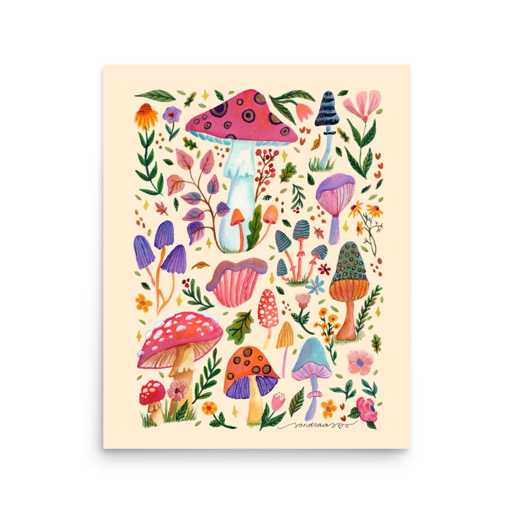Whimsical Autumn Mushrooms Poster • Watercolor Woodland Florals & Fall Nature Wall Art • Cozy Seasonal Illustration Print - SANDRAAS