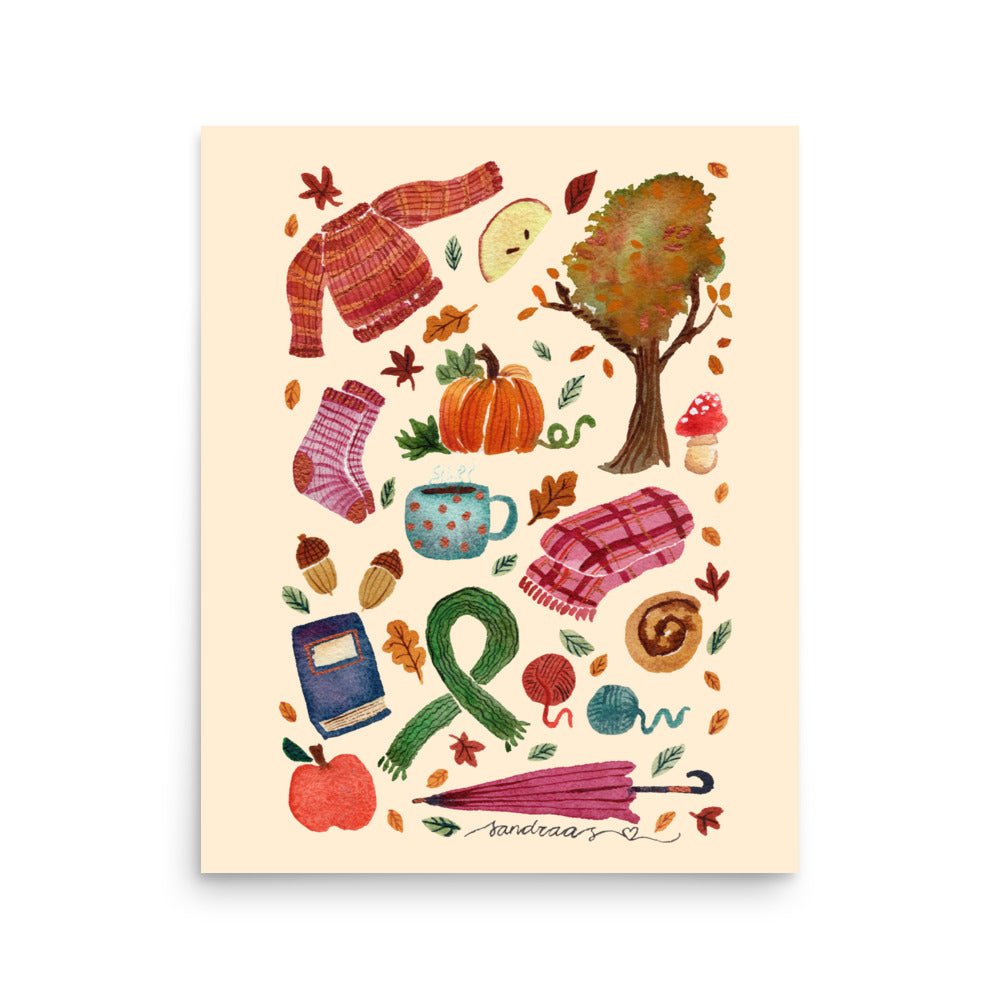 All Things Cozy Autumn Poster • Watercolor Sweater, Pumpkin, Socks & Tea Wall Art • Hygge Fall Illustration Print - SANDRAAS