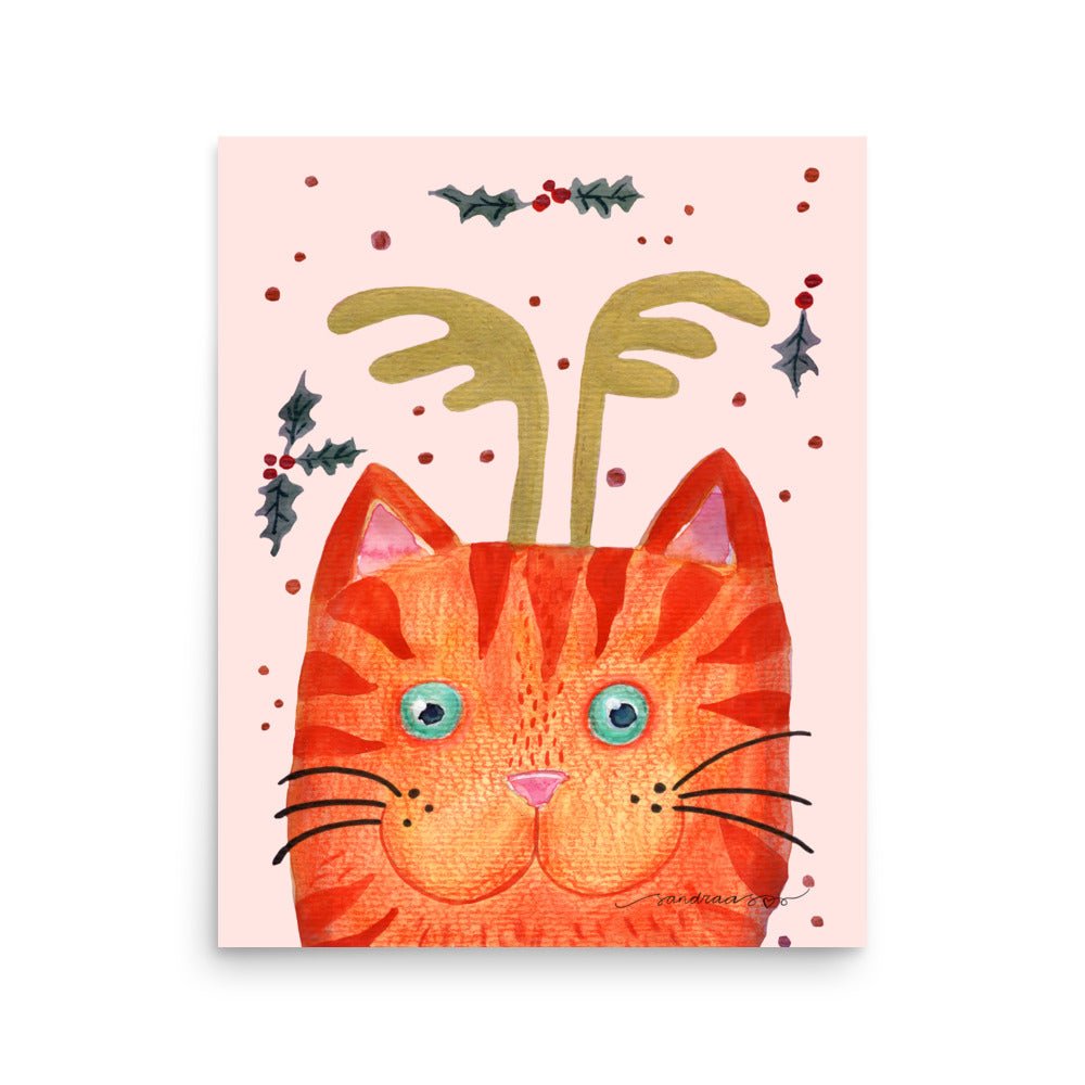 🎄 Orange Christmas Cat Poster – Whimsical Watercolor Cat with Antlers & Holly 😺✨ Light Pink Background | Museum - Quality Matte Print - SANDRAAS