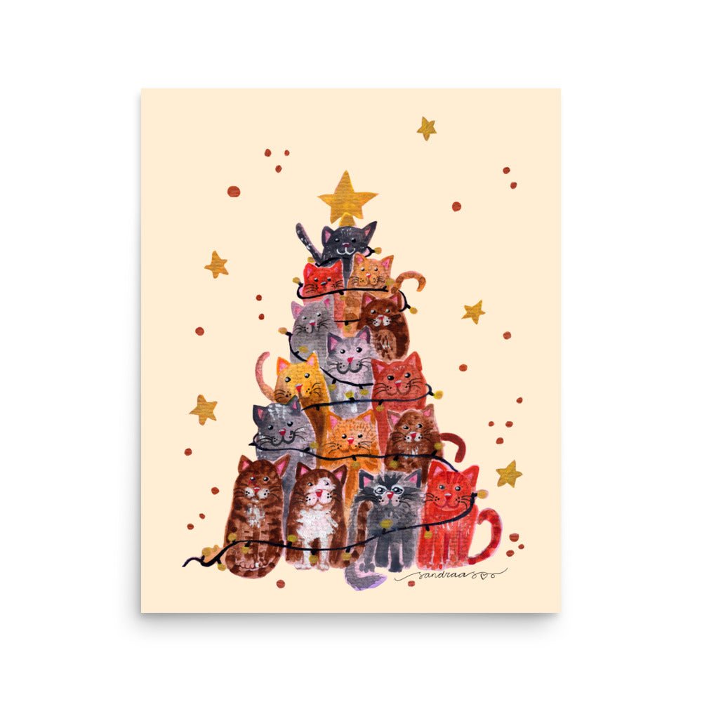 🎄 Whimsical Cat Christmas Tree Poster – Watercolor Cats Stacked as a Tree with Festive Lights 😺✨ Cream Background | Museum - Quality Matte Print - SANDRAAS