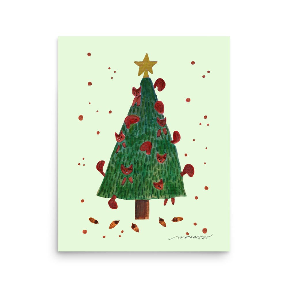 🎄 Whimsical Squirrel Christmas Tree Poster – Watercolor Squirrels in a Festive Tree 🐿️✨ Light Green Background | Museum - Quality Matte Print - SANDRAAS
