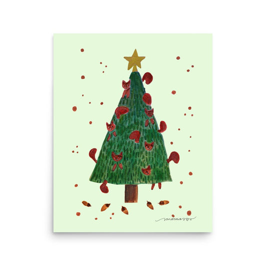 🎄 Whimsical Squirrel Christmas Tree Poster – Watercolor Squirrels in a Festive Tree 🐿️✨ Light Green Background | Museum - Quality Matte Print - SANDRAAS