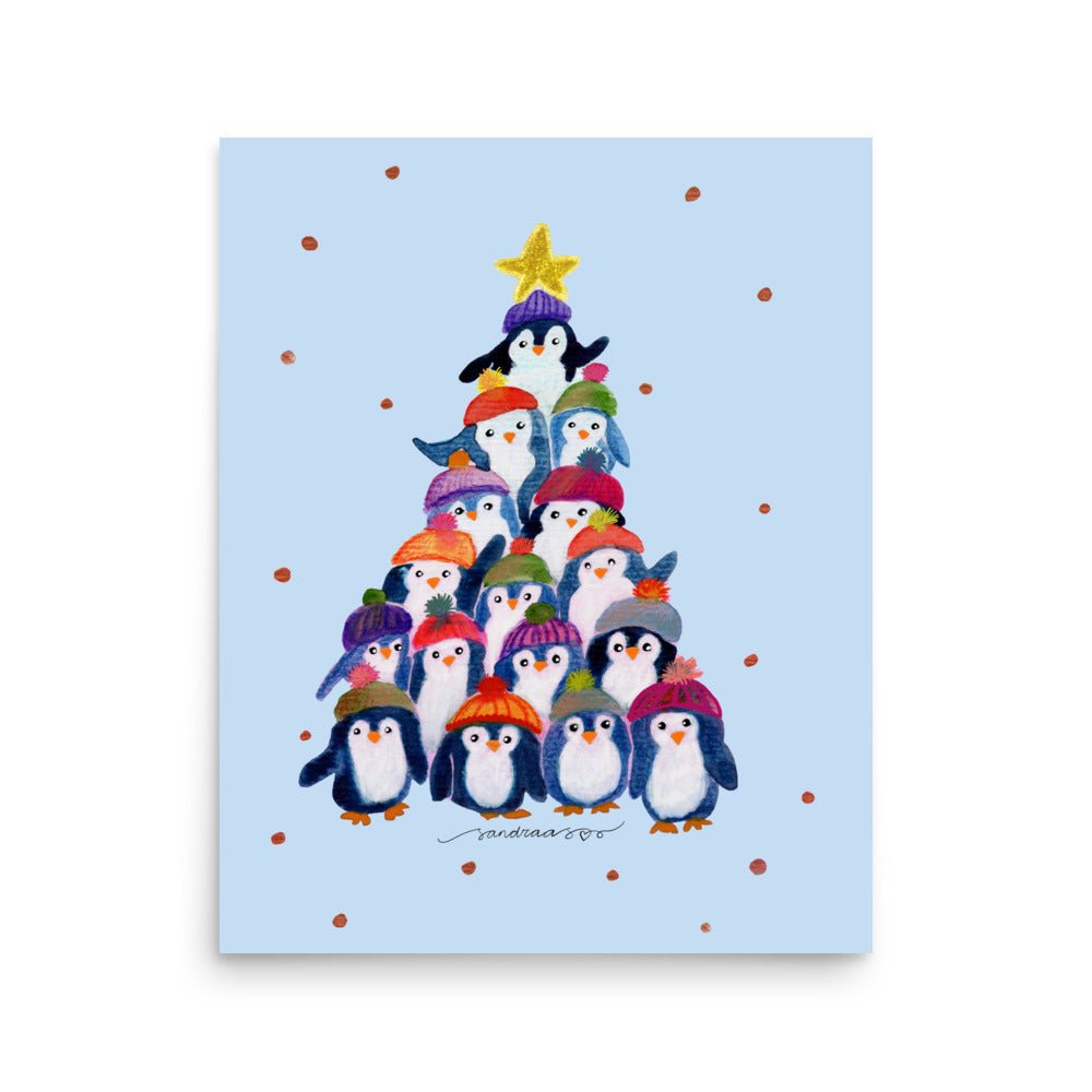 🎄 Penguin Christmas Tree Poster – Whimsical Watercolor Penguins in Hats & Scarves 🐧✨ Light Blue Background | Museum - Quality Matte Print - SANDRAAS