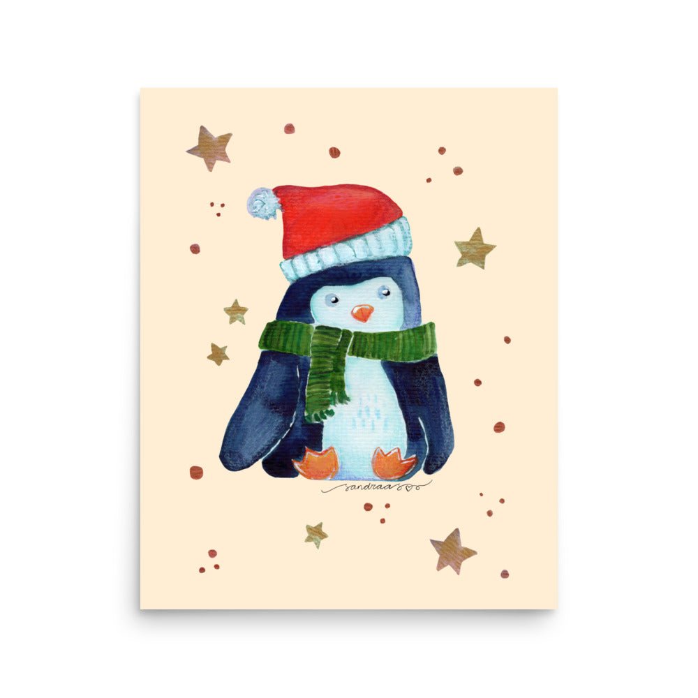 🎄 Whimsical Christmas Penguin Poster – Watercolor Penguin in Green Scarf & Santa Hat 🐧✨ Cream Background | Museum - Quality Matte Print - SANDRAAS