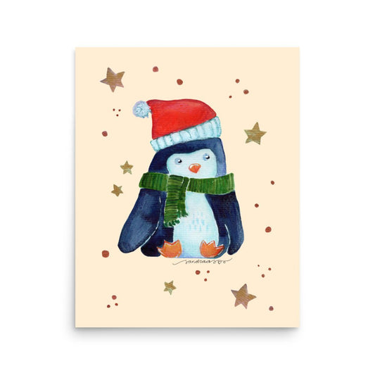 🎄 Whimsical Christmas Penguin Poster – Watercolor Penguin in Green Scarf & Santa Hat 🐧✨ Cream Background | Museum - Quality Matte Print - SANDRAAS