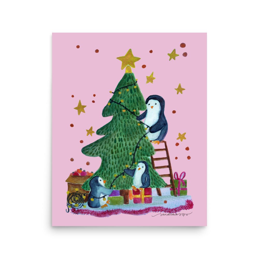 🎄 Whimsical Penguin Christmas Tree Poster – Watercolor Penguins Decorating a Tree 🐧🎄✨ Pink–Purple Background | Museum - Quality Matte Print - SANDRAAS