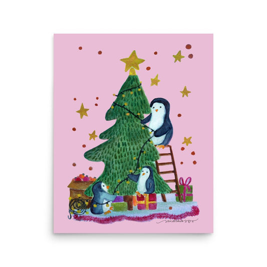 🎄 Whimsical Penguin Christmas Tree Poster – Watercolor Penguins Decorating a Tree 🐧🎄✨ Pink–Purple Background | Museum - Quality Matte Print - SANDRAAS