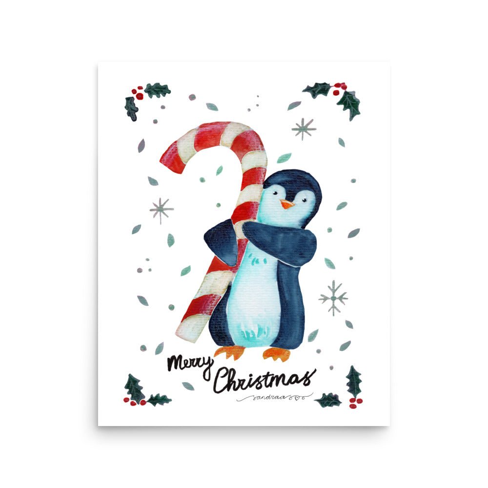 🎄 Candy Cane Penguin Poster – Whimsical Watercolor Penguin Holding a Candy Cane 🐧🍬✨ White Background | Museum - Quality Matte Print - SANDRAAS