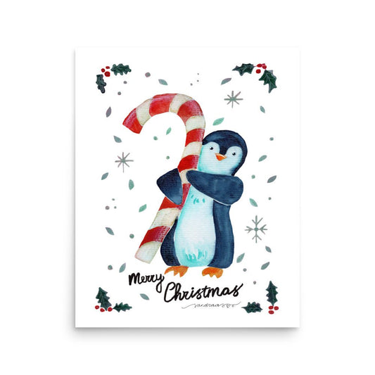 🎄 Candy Cane Penguin Poster – Whimsical Watercolor Penguin Holding a Candy Cane 🐧🍬✨ White Background | Museum - Quality Matte Print - SANDRAAS