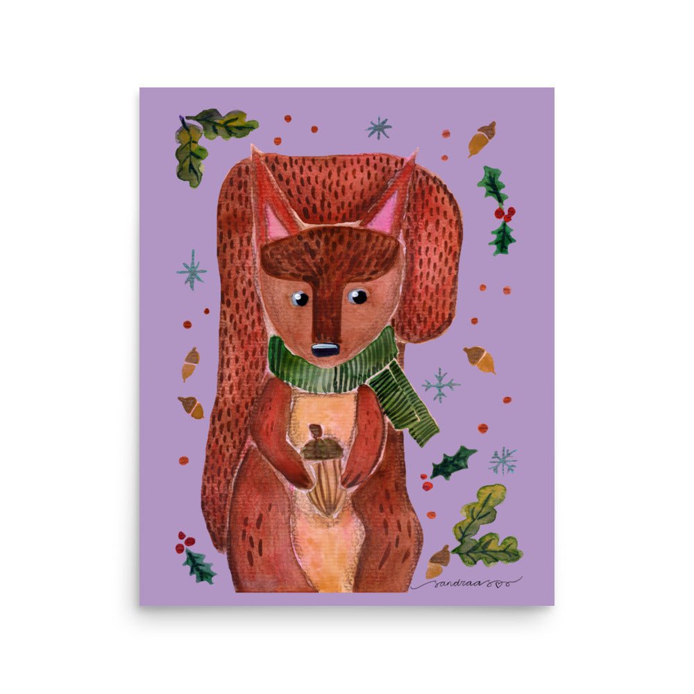 💜 Whimsical Squirrel Poster – Watercolor Squirrel in Green Scarf 🐿️🧣✨ Purple Background | Museum - Quality Matte Print - SANDRAAS