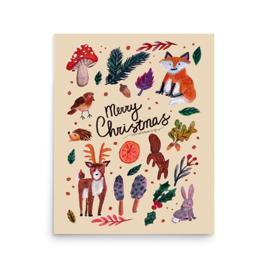 🌲 Whimsical Woodland Poster – Watercolor Forest Animals, Leaves & Mushrooms 🍄🦊✨ Cream Background | Museum - Quality Matte Print - SANDRAAS