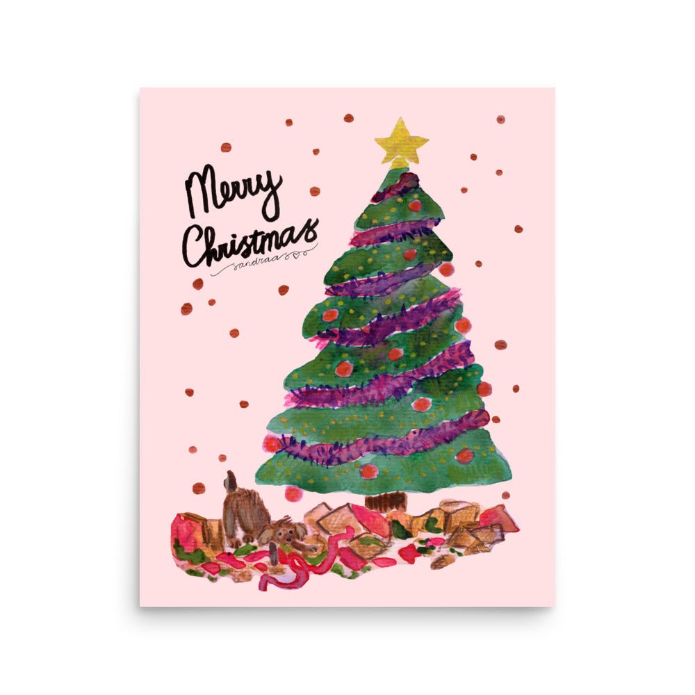 🎄 Naughty Christmas Dog Poster – Whimsical Watercolor Dog Wrecking Presents Under the Tree 🐶🎁💥✨ Pink Background | Museum - Quality Matte Print - SANDRAAS