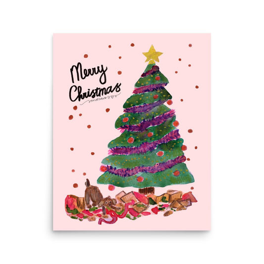 🎄 Naughty Christmas Dog Poster – Whimsical Watercolor Dog Wrecking Presents Under the Tree 🐶🎁💥✨ Pink Background | Museum - Quality Matte Print - SANDRAAS