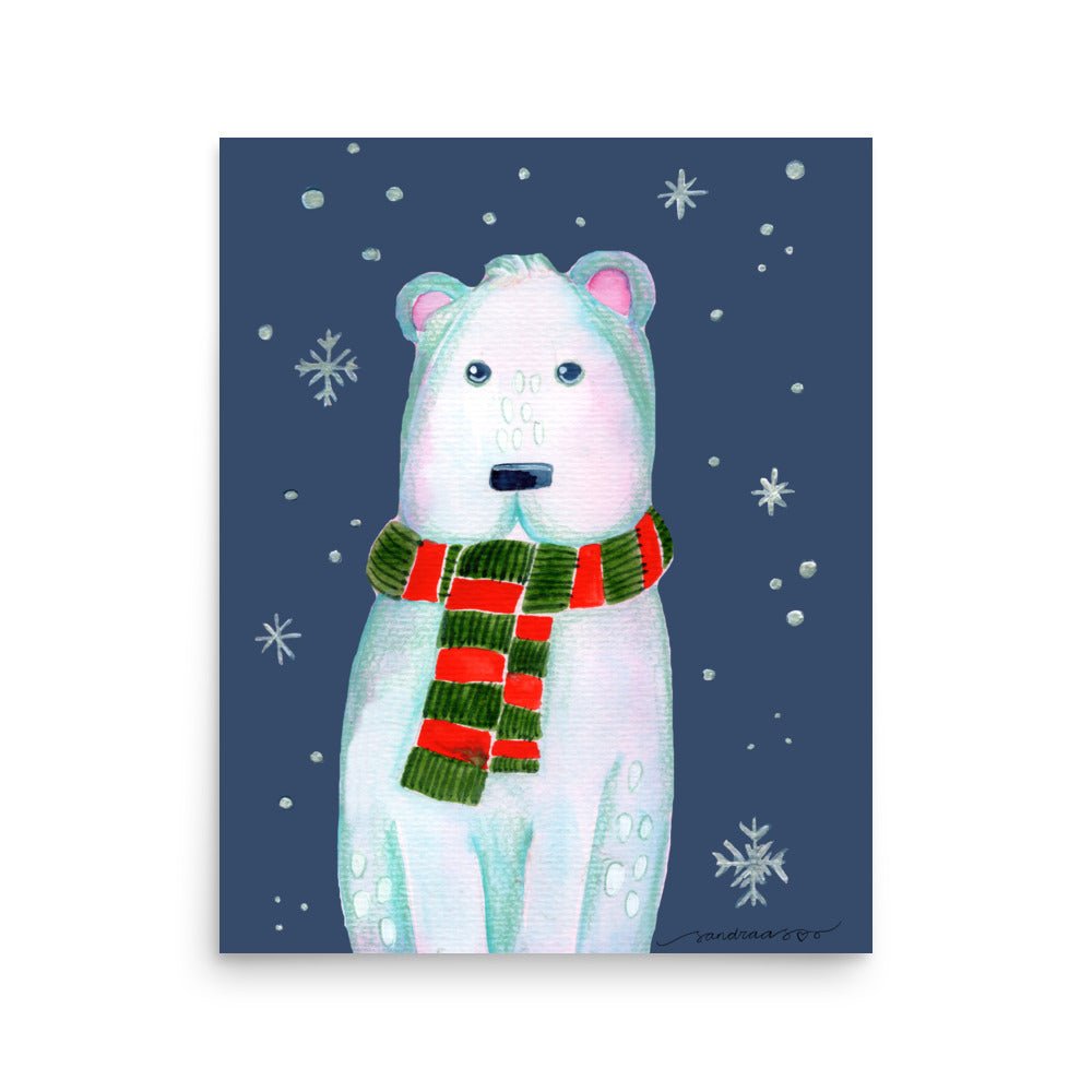 ❄️ Whimsical Polar Bear Poster – Watercolor Arctic Bear on Dark Blue Background 🐻‍❄️✨ Museum - Quality Matte Print - SANDRAAS