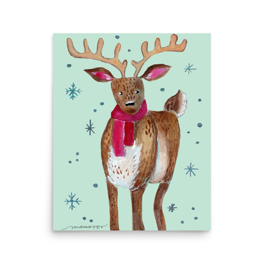 🦌 Whimsical Deer Poster – Watercolor Forest Deer on Turquoise Background 💙✨ Museum - Quality Matte Print - SANDRAAS