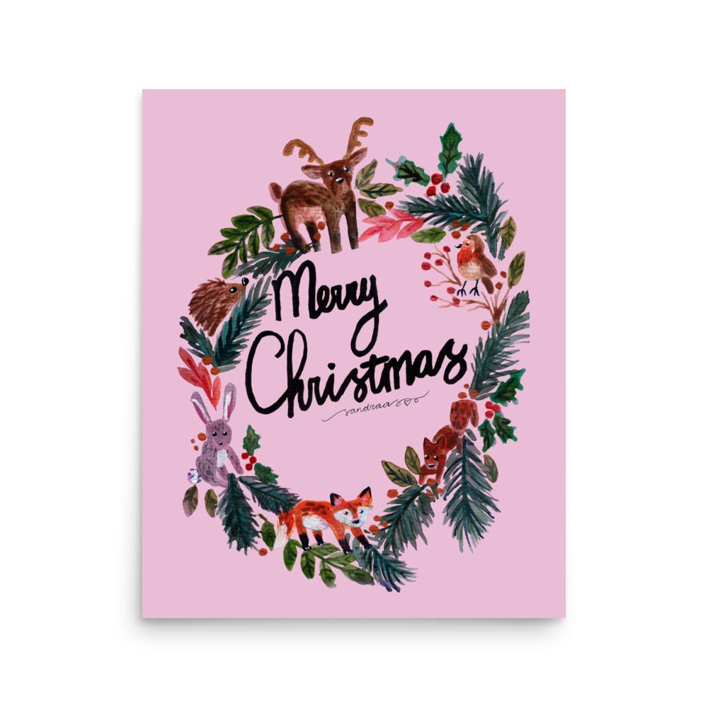 🎄 Woodland Christmas Wreath Poster – Whimsical Watercolor Animals in Festive Wreath 🦊🐿️✨ Pink Background | Museum - Quality Matte Print - SANDRAAS