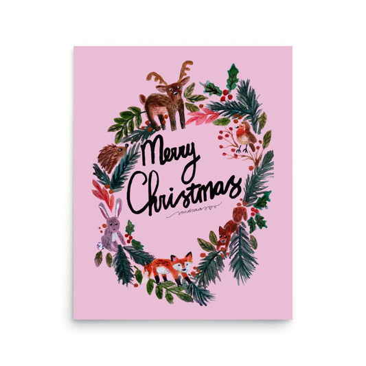 🎄 Woodland Christmas Wreath Poster – Whimsical Watercolor Animals in Festive Wreath 🦊🐿️✨ Pink Background | Museum - Quality Matte Print - SANDRAAS