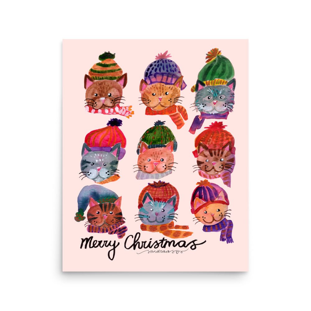 😺 Cozy Cat Heads Poster – Whimsical Watercolor Cats in Woolen Hats & Scarves 🧣✨ Light Pink Background | Museum - Quality Matte Print - SANDRAAS