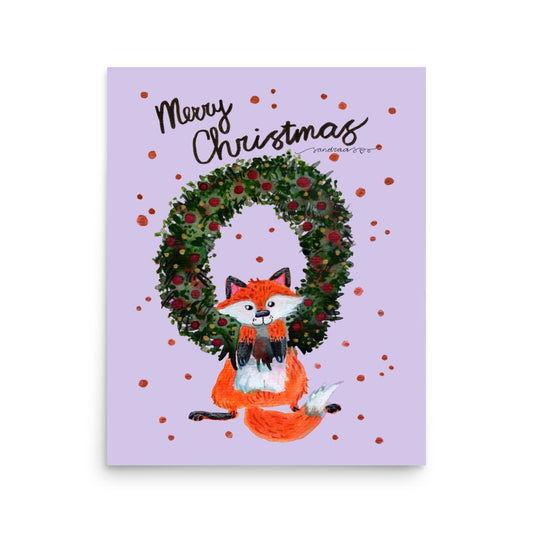 🎄 Whimsical Fox Christmas Wreath Poster – Watercolor Fox Hanging in Festive Wreath 🦊✨ Purple Background | Museum - Quality Matte Print - SANDRAAS