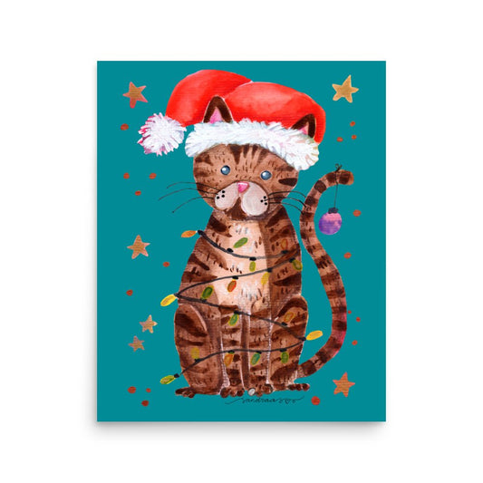 🎄 Christmas Cat Lights Poster – Whimsical Watercolor Cat in Santa Hat Wrapped in Christmas Lights 😺💡✨ Turquoise Background | Museum - Quality Matte Print - SANDRAAS