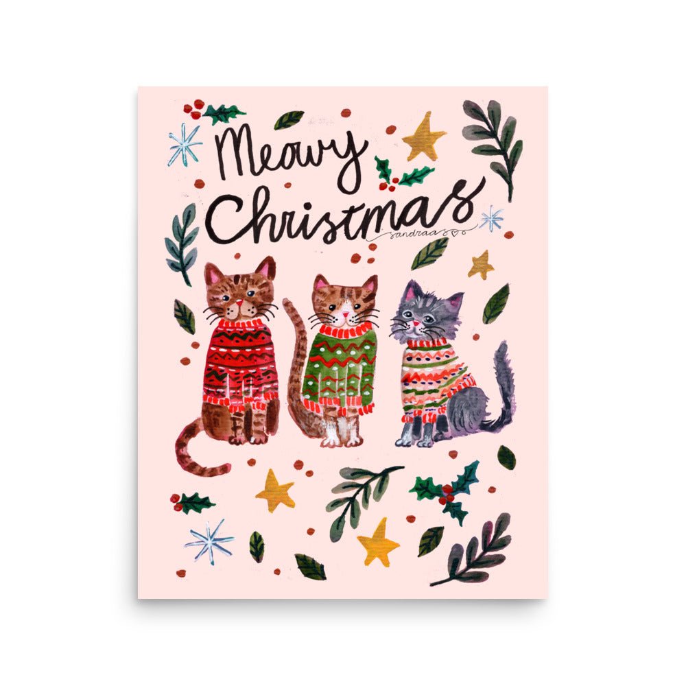 🎄 Cozy Christmas Cats Poster – Three Whimsical Cats in Knitted Holiday Sweaters 😺🧶✨ Light Pink Background | Museum - Quality Matte Print - SANDRAAS