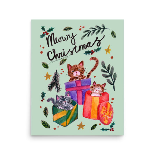 🎄 Christmas Gift Box Cats Poster – Three Whimsical Watercolor Cats Sitting in Festive Presents 😺🎁✨ Light Green Background | Museum - Quality Matte Print - SANDRAAS