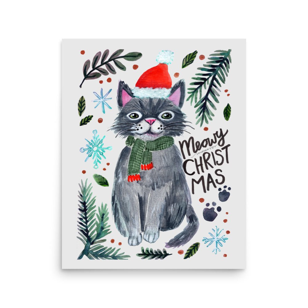 🎄 Meowy Christmas Cat Poster – Whimsical Grey Cat in Santa Hat & Green Scarf 😺🧣✨ Light Grey Background | Museum - Quality Matte Print - SANDRAAS