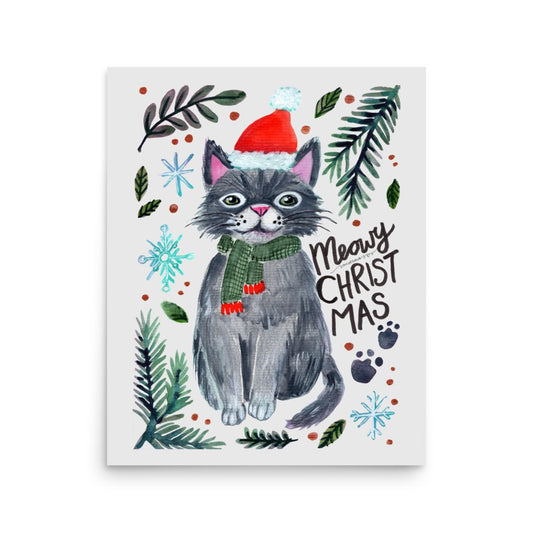 🎄 Meowy Christmas Cat Poster – Whimsical Grey Cat in Santa Hat & Green Scarf 😺🧣✨ Light Grey Background | Museum - Quality Matte Print - SANDRAAS