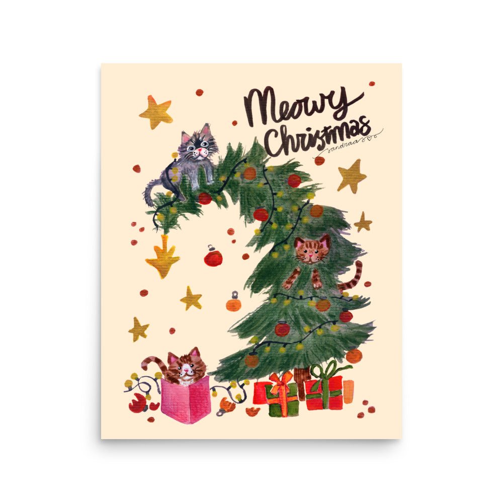 🎄 Meowy Christmas Tree Cats Poster – Whimsical Watercolor Cats Climbing a Christmas Tree 😺🌲✨ Light Yellow Background | Museum - Quality Matte Print - SANDRAAS