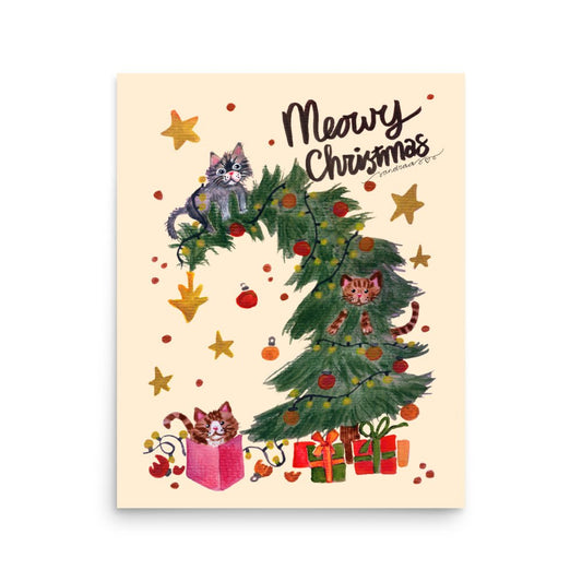 🎄 Meowy Christmas Tree Cats Poster – Whimsical Watercolor Cats Climbing a Christmas Tree 😺🌲✨ Light Yellow Background | Museum - Quality Matte Print - SANDRAAS
