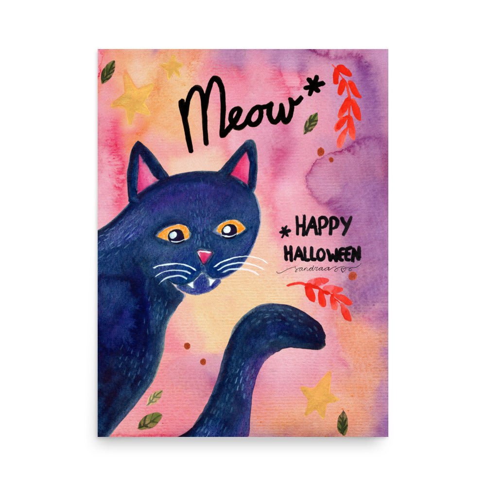 Whimsical Black Cat Halloween Poster 🎃🐾 | Watercolor Illustration + Hand Lettered ‘Meow, Happy Halloween’ - SANDRAAS