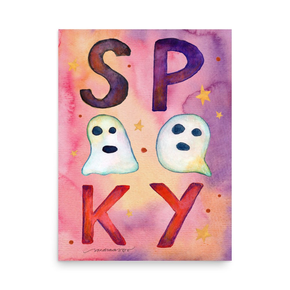 Spooky Ghosts Halloween Poster 👻🎃 | Watercolor Illustration with ‘Boo!’ Text – Cute Spooky Wall Art - SANDRAAS