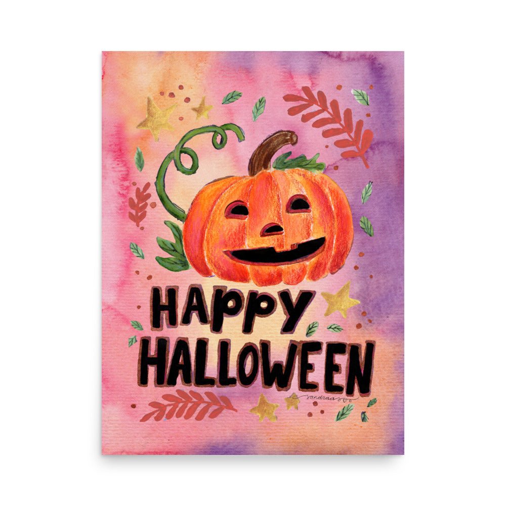 Happy Halloween Pumpkin Poster 🎃✨ | Watercolor Illustration – Cozy Spooky Wall Art - SANDRAAS