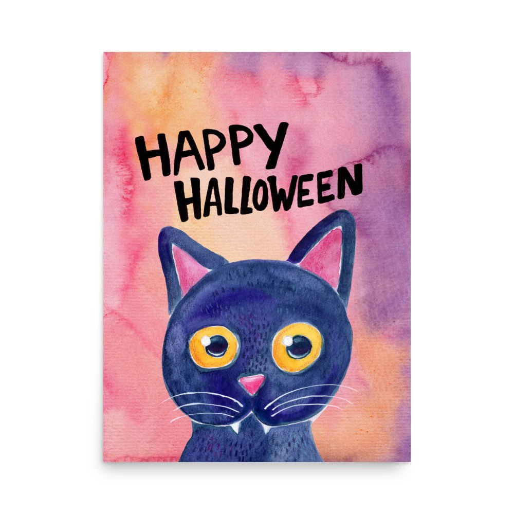 Whimsical Black Cat Poster 🐈‍⬛✨ | Cute Watercolor Illustration – Happy Halloween | Cozy Spooky Wall Art - SANDRAAS