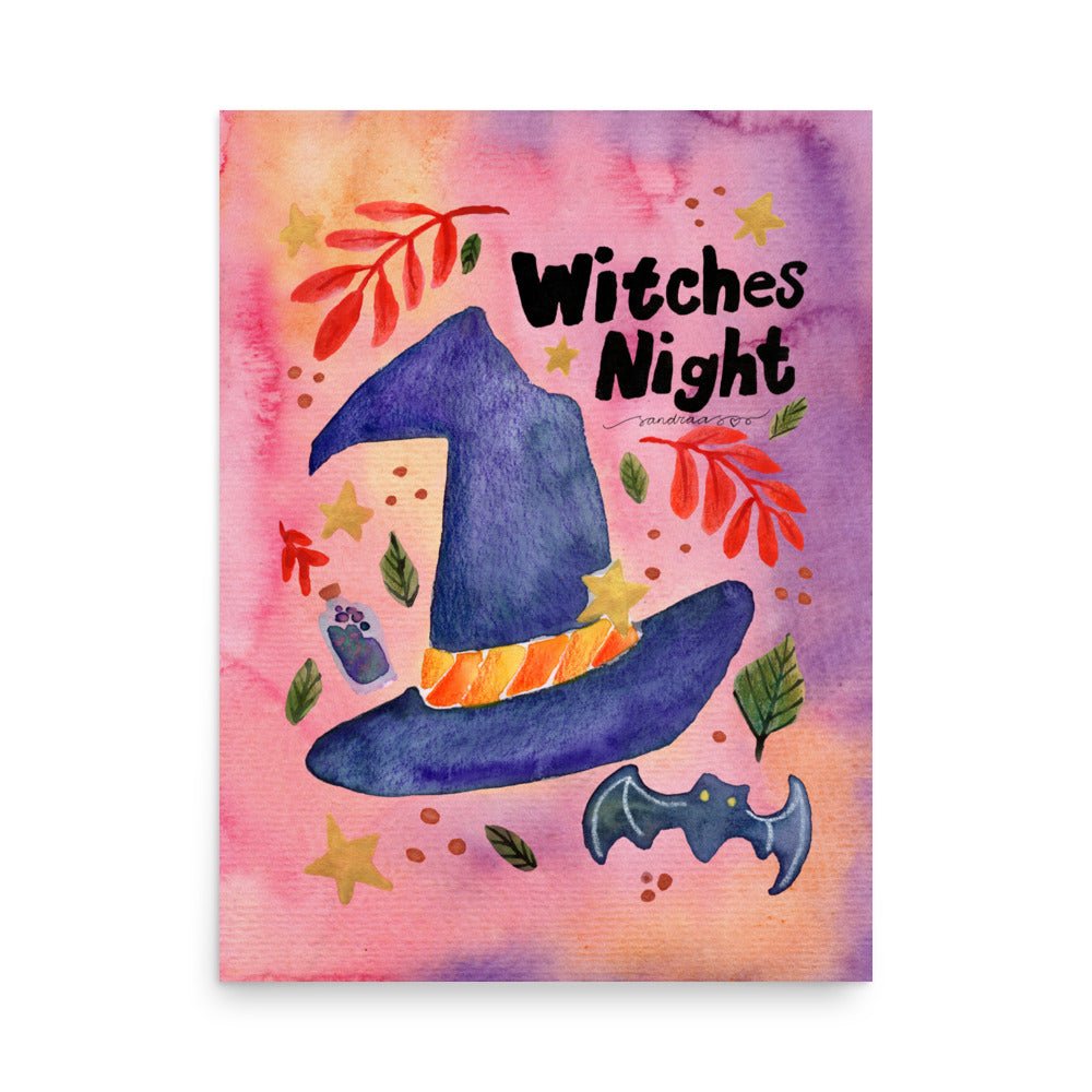 Witches Night Halloween Poster 🧙‍♀️🌙✨ | Watercolor Witch - Themed Illustration + Text – Spooky Cute Wall Art - SANDRAAS