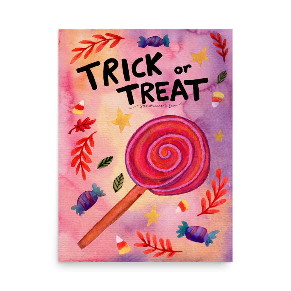 Trick or Treat Halloween Poster 🎃🍬👻 | Watercolor Illustration + Hand Lettered Text – Spooky Cute Wall Art - SANDRAAS